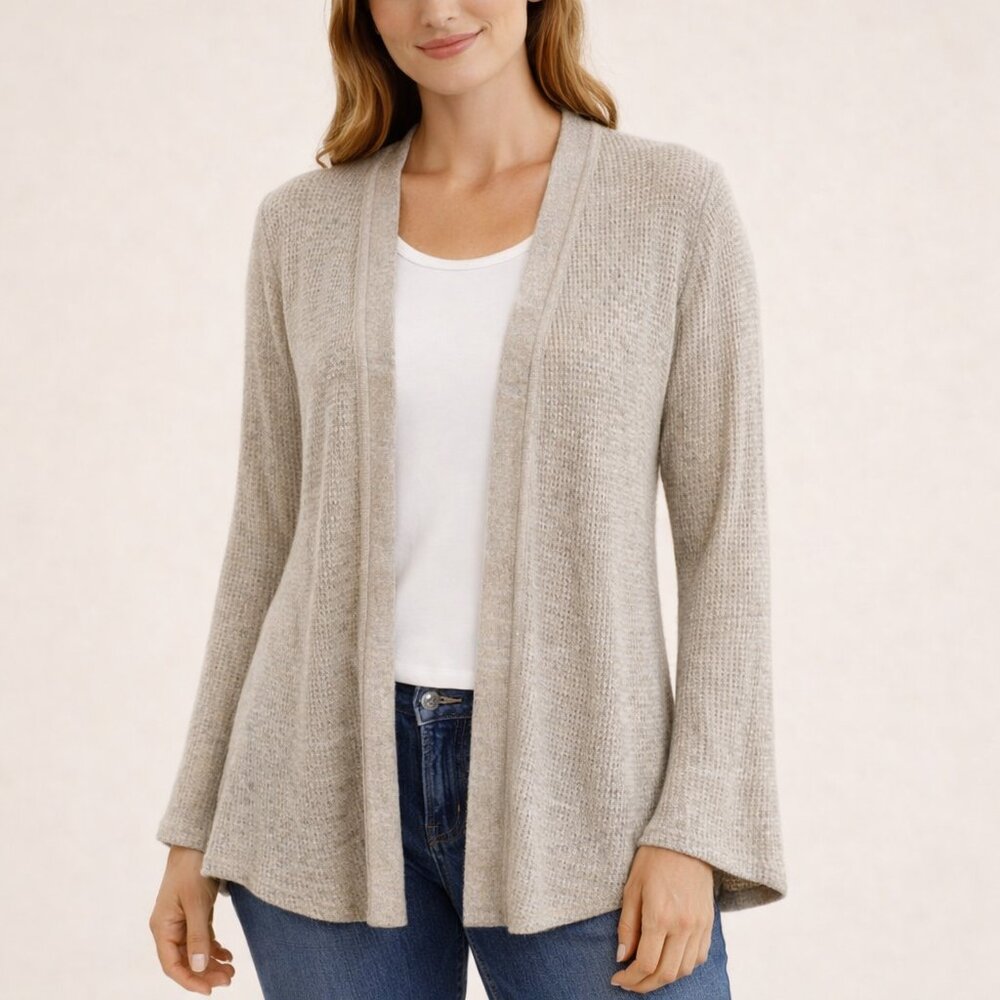 Express Waffle Knit Flare Sleeve Open Front Gray Tan Cream Cardigan Sweater XS